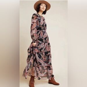 Anthropologie Paisley Black Maxi Dress Long Sleeve Boho Size 10 Coastal Cowgirl